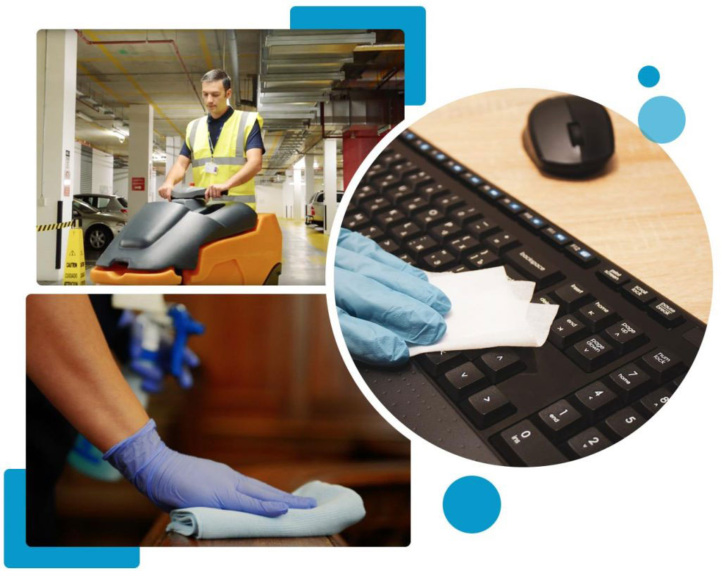 Staff cleaning floor and keyboard