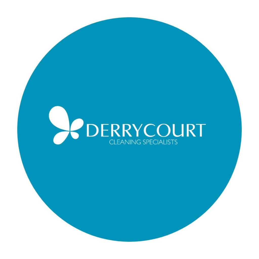 Derrycourt logo white with blue background